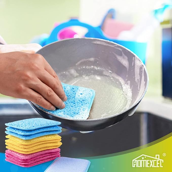 HOMEXCEL 12 Pack Scrub & Wipe Cloths, Dual-Sided Sponges for Kitchen, All-Purpose Cloth for Dishes, Pots, Pans, Non-Stick Cookware, Countertops (Red, Yellow, Blue)