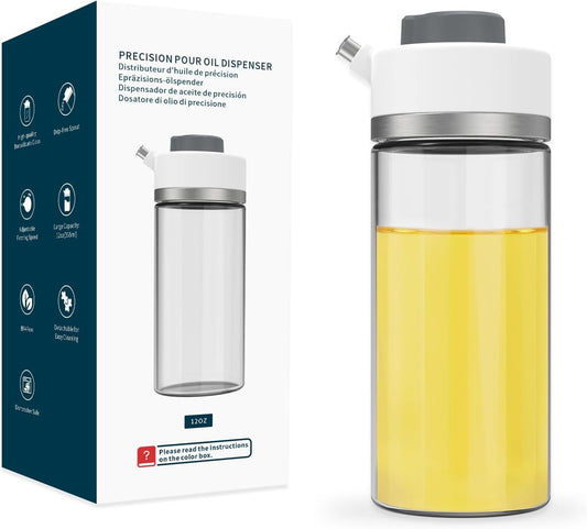 KITCHENDAO Precision Pour Glass Oil Dispenser with 3 Modes, Drip-free Spout, Two Adjustable Flowing Speed, 12 oz Vinegar Dispenser Bottle for Kitchen, Borosilicate Glass Olive Oil Bottle for Cooking