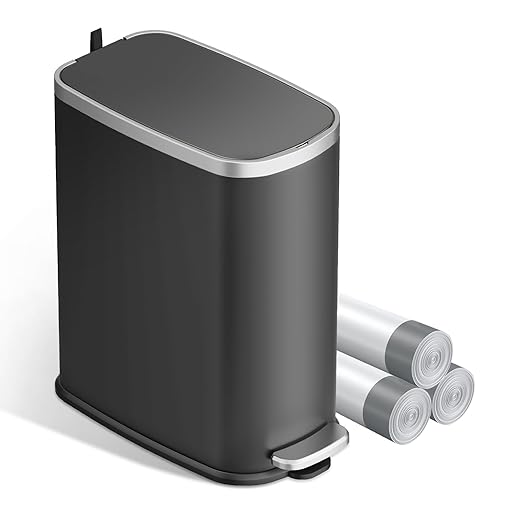 KUK Slim Bathroom Trash Can with Lid Soft Close, Step Pedal, 2.6 Gal/ 10L Stainless Steel Garbage Can with Removable Inner Bucket, Anti-Fingerprint Wastebasket for Office, Bedroom, Toilet (Black)