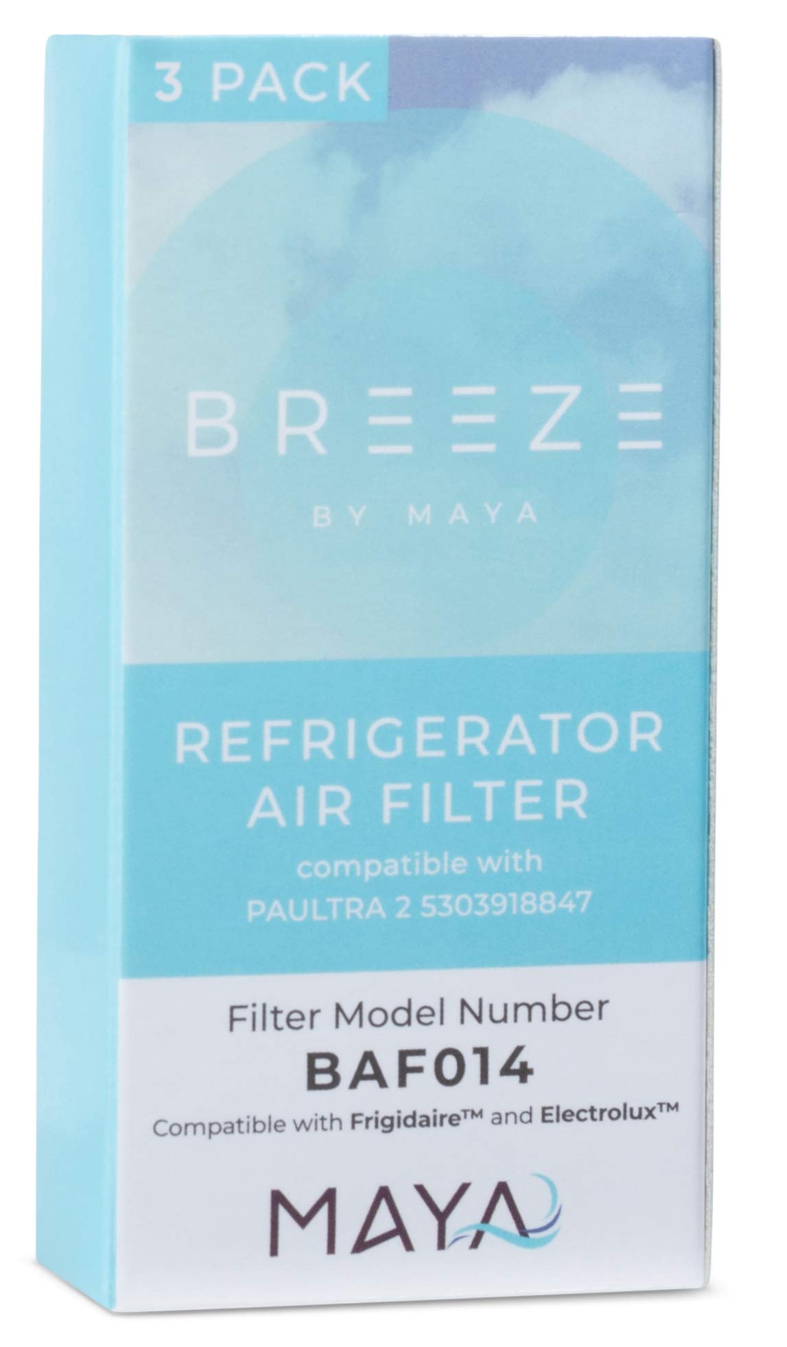 Breeze by MAYA Paultra2 Refrigerator Air Filter Replacement for Frigidaire, Pureair Ultra 2, Pure Air Ultra 2, Electrolux 242047805, 5303918847, EAP12364179 (3 Pack) Air filter by MAYA