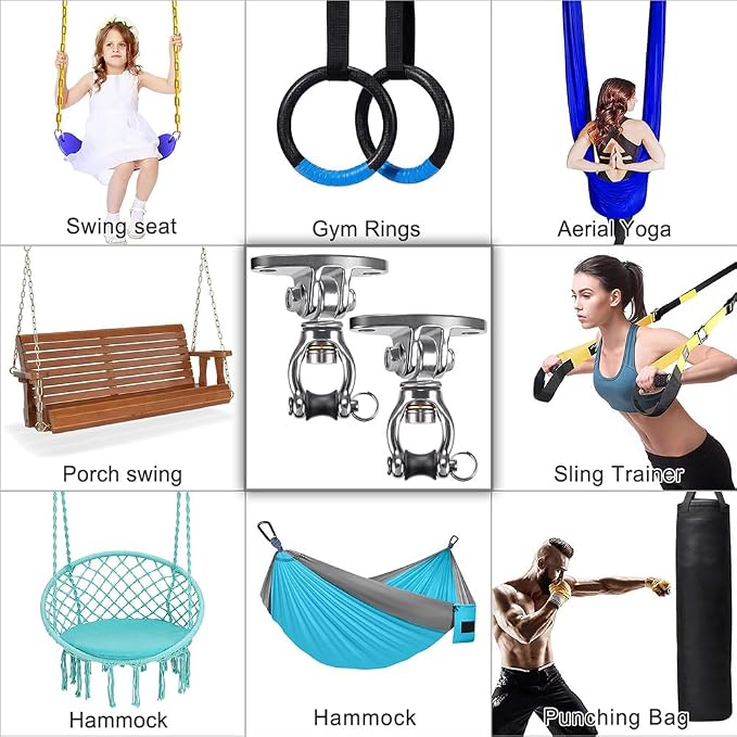 SELEWARE Silent Bearing Swivel Swing Hangers Stainless Steel Swing Hooks Ceiling Mount Bracket for Aerial Yoga Silks Swing Chair Heavy Bag Swing Set Indoor Outdoor Swing 2 Pack