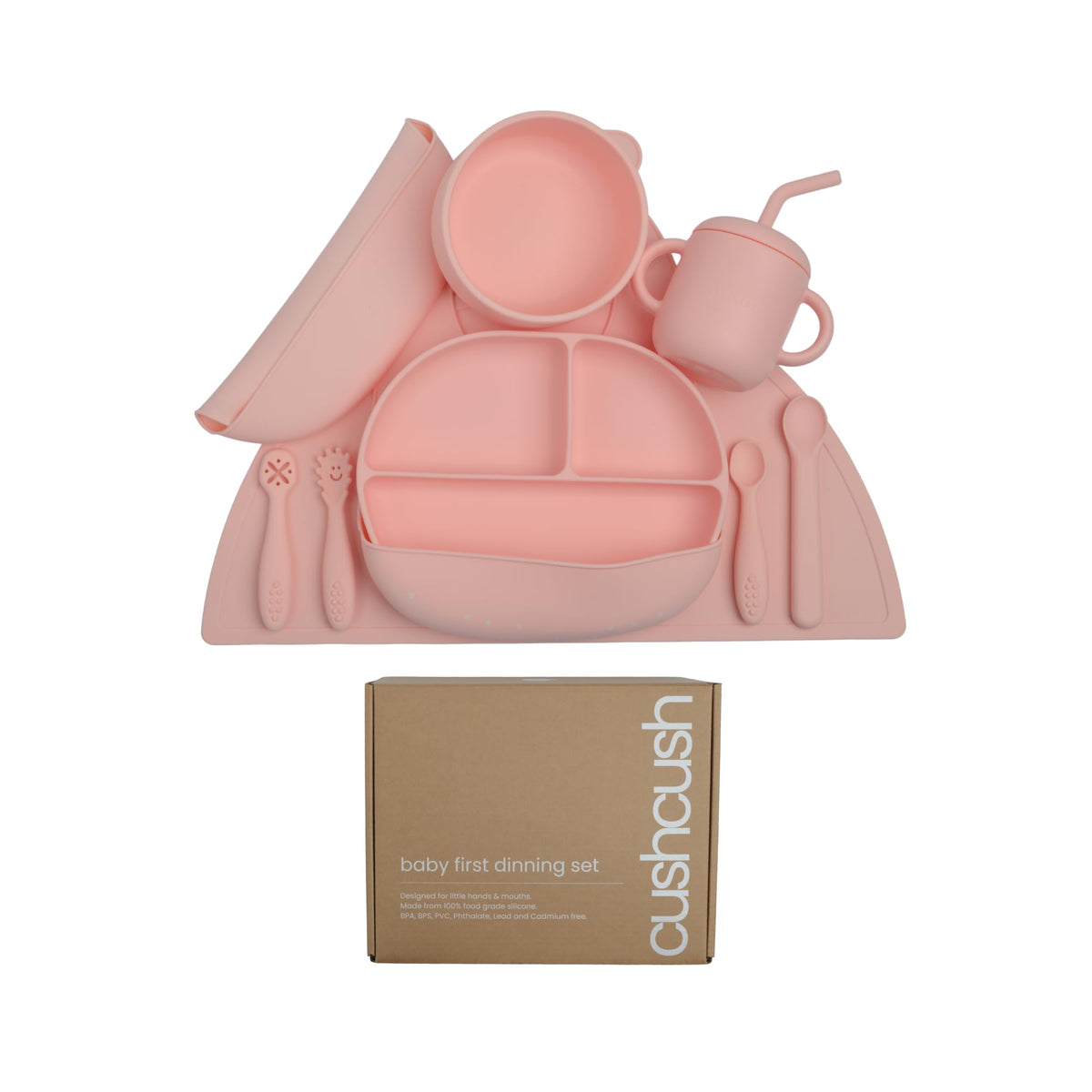 Cushcush Silicone Baby Feeding Set, Baby Led Weaning Supplies, First Stage Solid Food eating Utensils, Divided Suction Plate, Bowl, Bibs, Sippy Cup, Placemat - 6+ months Newborn Gift (Blush Pink)