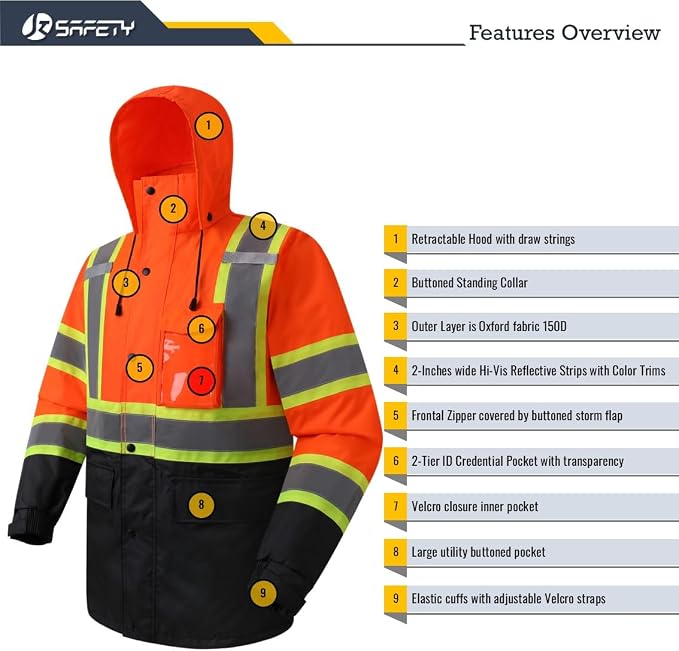 JKSafety Hi-Vis Reflective Safety Rain Jacket for Men Women Waterproof Rain Gears for Farming Fishing Work HV Rain Jacket with Inner Mesh Lining and Pockets (117A-OBlk XXL)