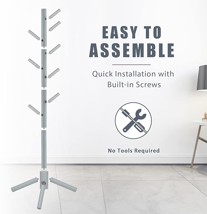 Haddockway Wooden Coat Rack Stand with 8 Hooks New Zealand Pine 3 Adjustable Coat Standing Tree Easy Assembly for Coats, Hats, Scarves and Handbags for Entryway, Hallway, Bedroom, Office