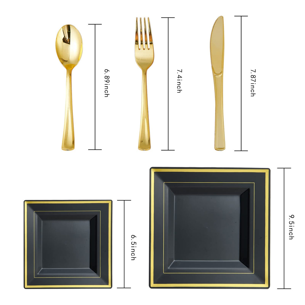 JOLLY CHEF 125 Count Square Black Gold Plastic Plates, Including 25 Disposable Dinner, 25 Dessert, 25 Knives, 25 Forks and 25 Spoons, Plastic Dinner Plates for Weddings and Parties