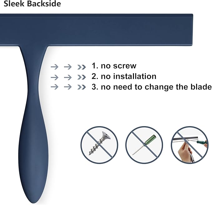 Squeegee for Shower Glass Door, 11-Inch Shower Squeegee for Glass Doors, Bathroom Silicone Squeegees Wiper for Shower with Non-Slip Handle, No-Drilling Silicone Hanging Hook, for Tiles (Dark Blue)