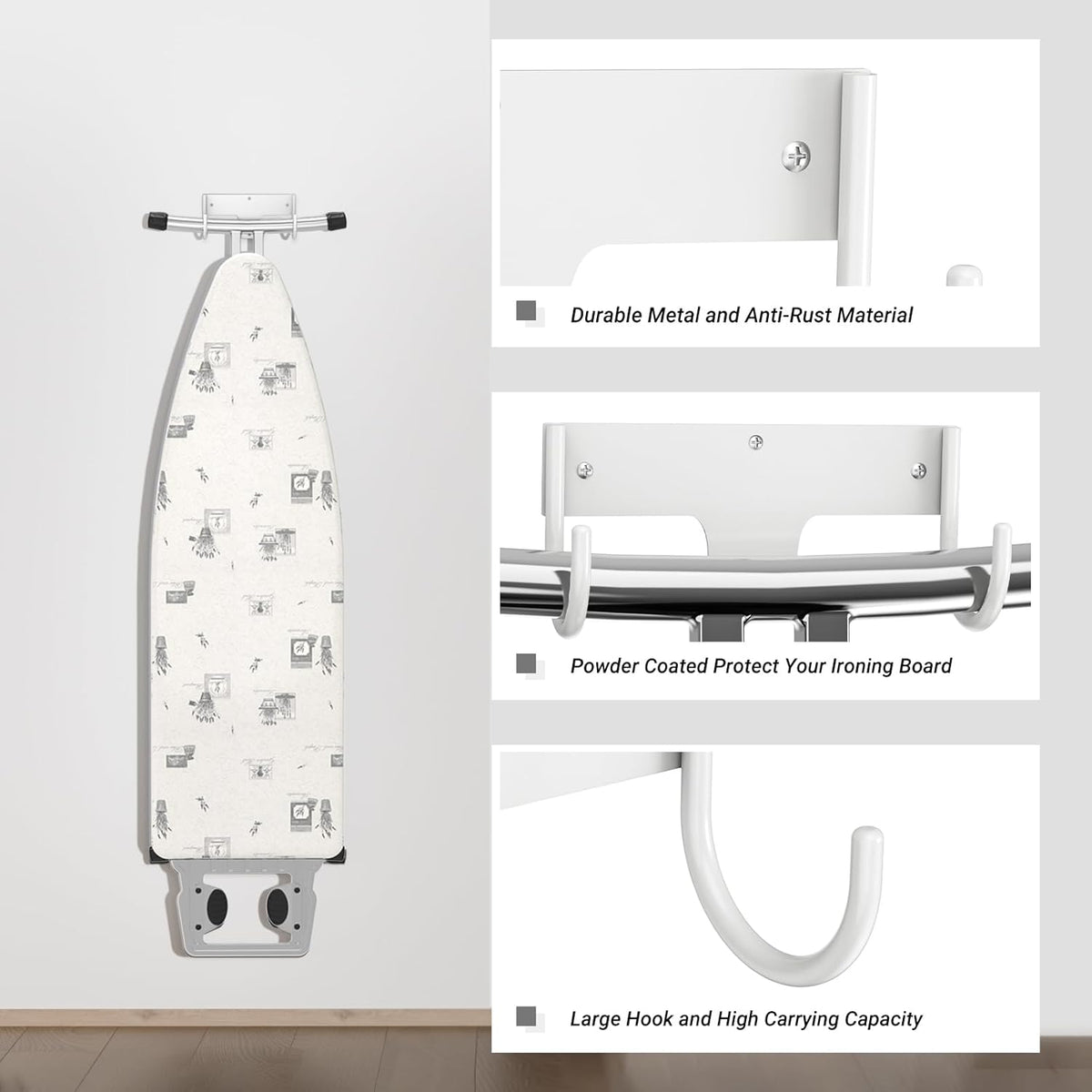 ORLESS Ironing Board Holder Wall Mount, Ironing Board Hanger, Iron Board Holder, Small Y or T Leg Iron Board Hook Wall Mount for Laundry Rooms, 6 Inch(White)