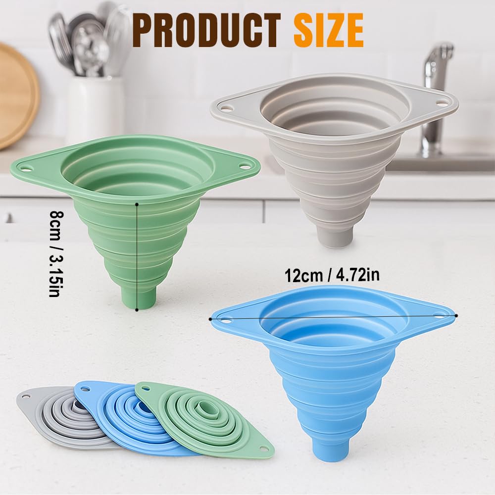 Kitchen Funnel Set 3 Pack, Collapsible Silicone Funnels for Filling Water Bottles & Small Bottles | Food-Grade, Easy Clean & Space-Saving (Green)