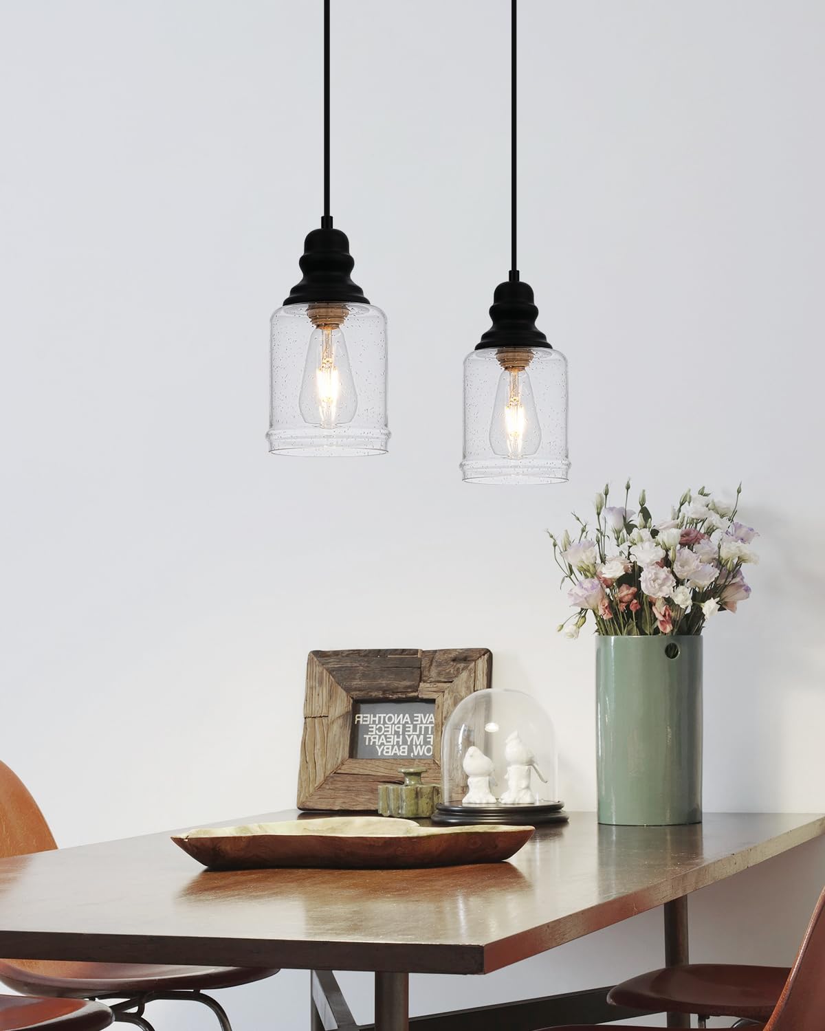 WILON Modern Glass Pendant Lights for Kitchen Island, 6.29" Mini Pandent Light Fixture with Seeded Glass Shade Black Farmhouse Pendant Lights E26 Base Hanging Kitchen Lights for Sink Dinging Room