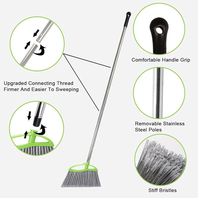 Heavy Duty Broom and Dustpan Set, Metal Stand Up Dustpan with Outdoor Stiff Bristles Broom for Hardwood Patio Floor Sweeping