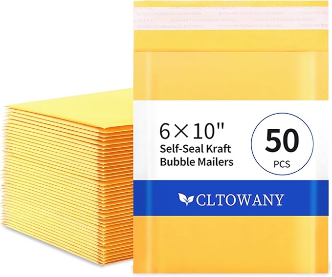 Kraft Bubble Mailers 6×10' Inch 50 Pack Yellow shipping envelopes Self-Seal Padded Mailing Envelopes for Jewelry Makeup Supplies and Small Business Packaging