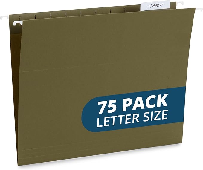 Blue Summit Supplies Hanging File Folders, 75 Pack, Reinforced Hanging Folders Letter Size, Standard File Folders for Filing Cabinet, Hanging File Organizer, Green