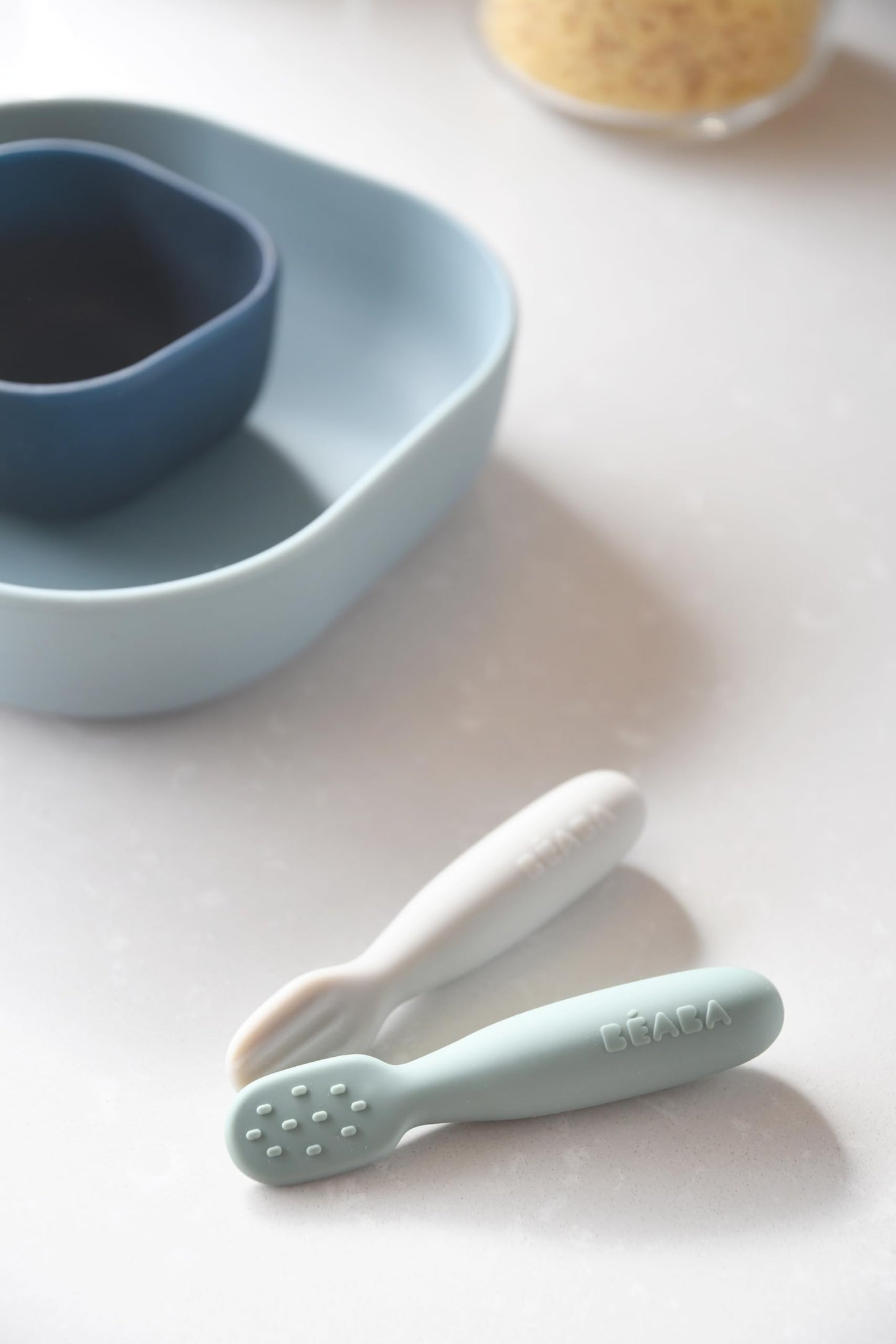 BEABA Set of 2 Silicone Pre-Spoons, For Babies 4-8 Months, Ultra-Soft Silicone Spoons to Help with Self Feeding, Designed with Specialist, Baby Utensils, Sage/Grey