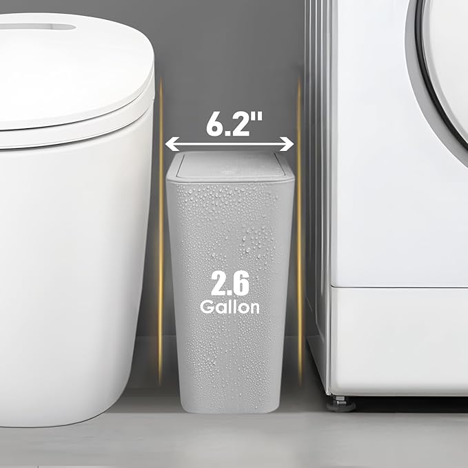 TIPGO Bathroom Trash Can with Lid, 10 Liter/ 2.6 Gallon Slim Garbage Can, Small Trash Bin Waste Basket with Pop-Up Lid for Kitchen, Bedroom, Living Room, Office (2 Pack, Grey)