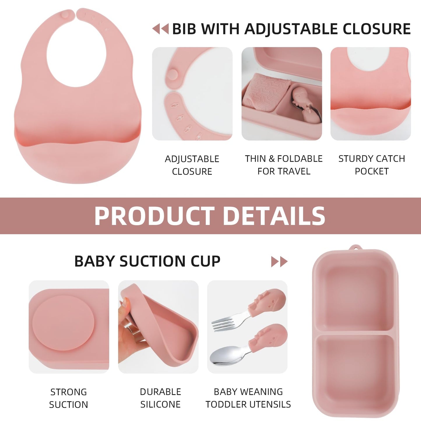 Travel Silicone Baby Feeding Set with 316 Stainless Steel Spoon & Fork ,Silicone Suction Plates, Foldable Bib, Storage Bag - Portable Infant Toddler Utensils, 6-Piece BPA-Free Dishware Kit（pink）