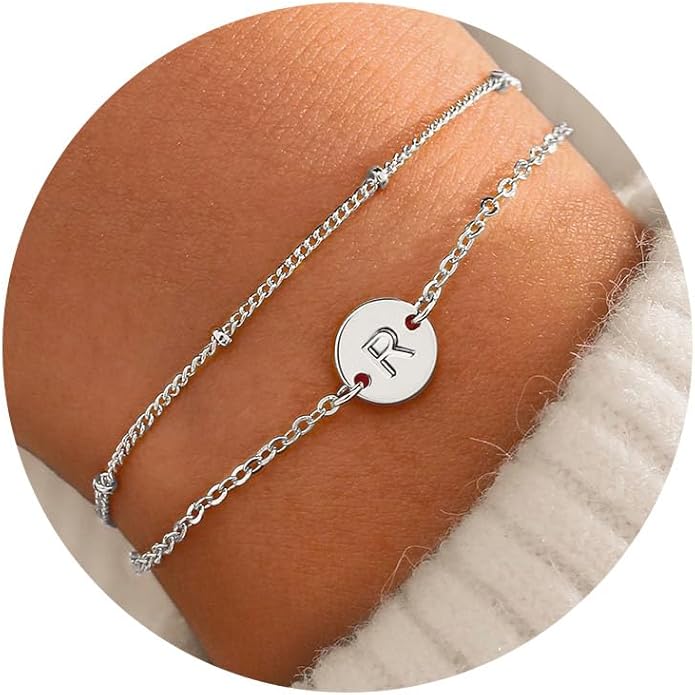 MONOZO Gold Bracelets for Women Girls Valentines Day Gifts, Dainty 18K Gold Plated Disc Monogram Letter A-Z Initial Bracelets for Women Trendy Personalized Letter Bracelet Valentines Day Gifts for Her