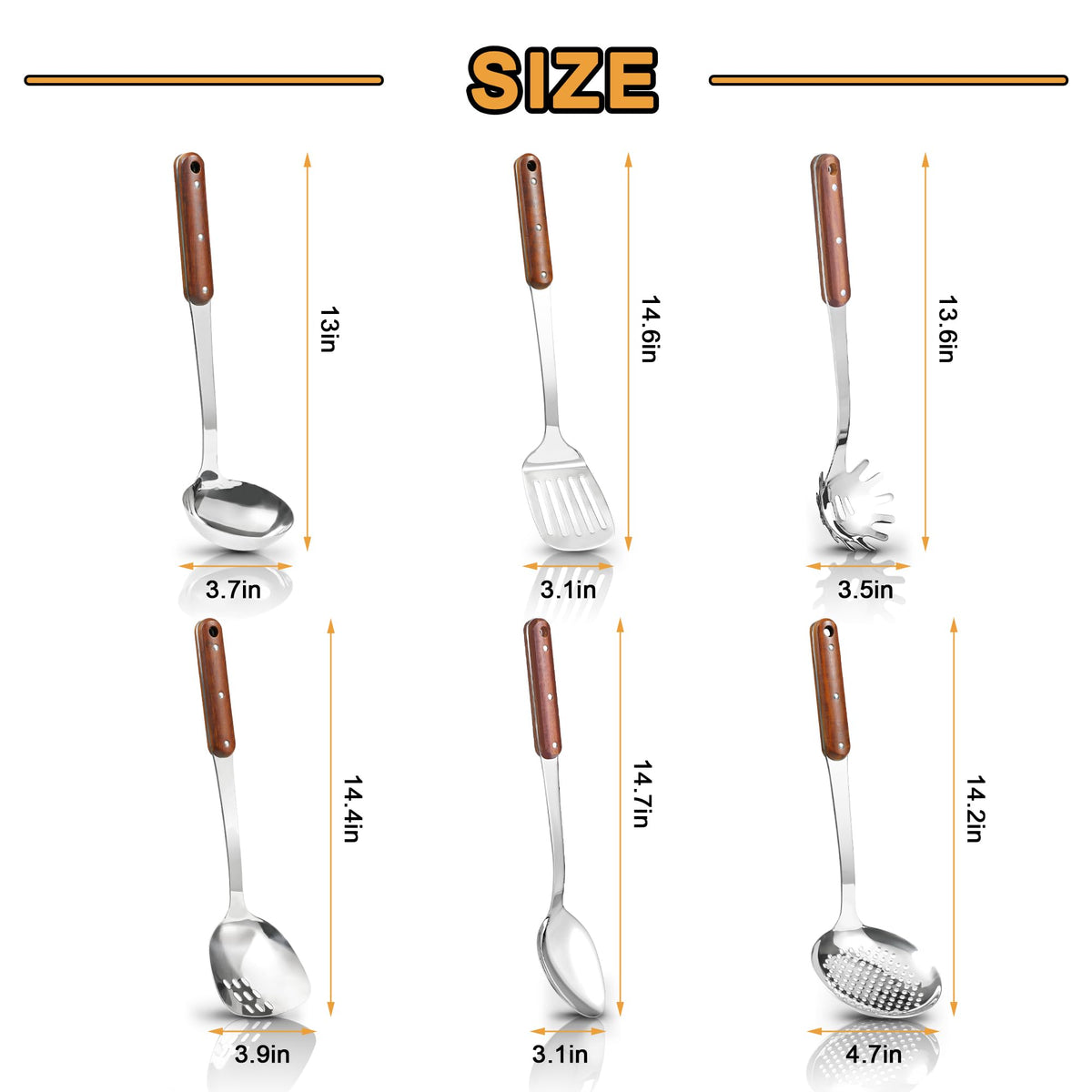 FJNATINH Stainless Steel Cooking Utensils Set, Mirror Polished 6 Pieces Kitchen Utensils Set, Kitchen Tools Set With Wooden Handle Non-Stick Heat Resistant,Dishwasher Safe, Easy to Clean
