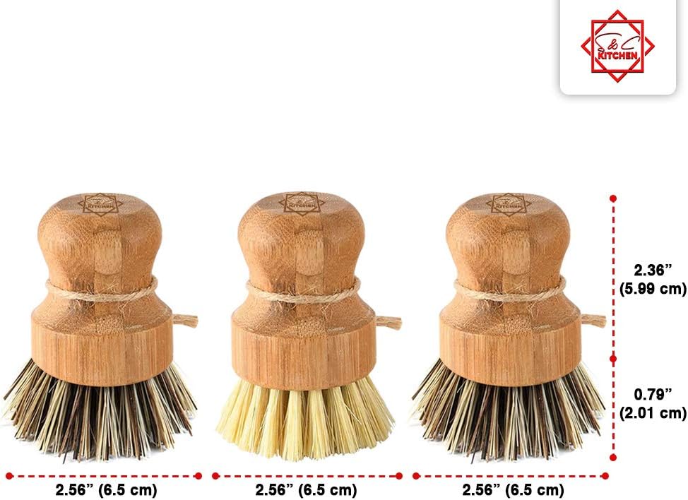 Bamboo Scrub Brush - S&C Kitchen, Cleans Pan/Vegetable/Dishes/Wok, Scrub Brush Dishes for Kitchen/Bathroom, Made Out of Palm & Sisal Bristles with a Handle, Vegetable Brush for Cleaning, Set of 3