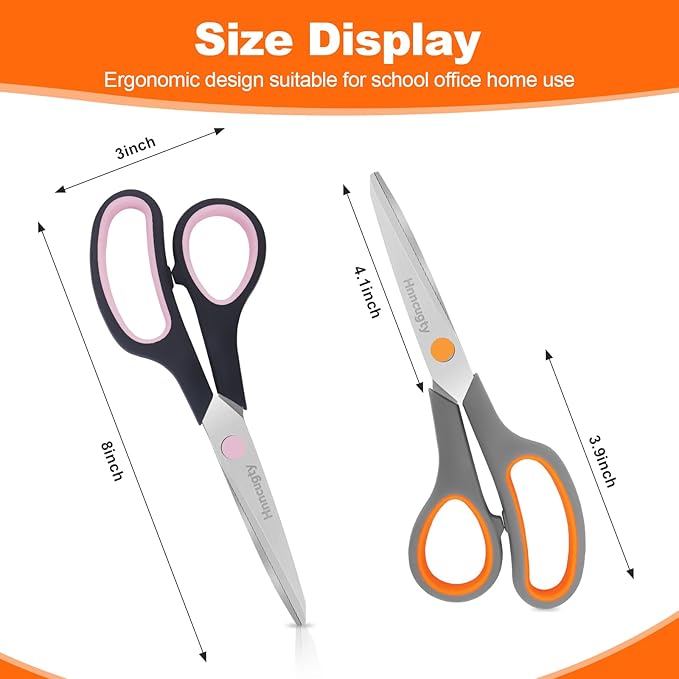 Scissors for Office School Supplies, Hnncugty 8" Scissors All Purpose Bulk Set of 6-Pack, Sharp Shears for Home Craft Sewing Fabric Middle School Student Teacher Supplies, Comfort Right/Left Handed