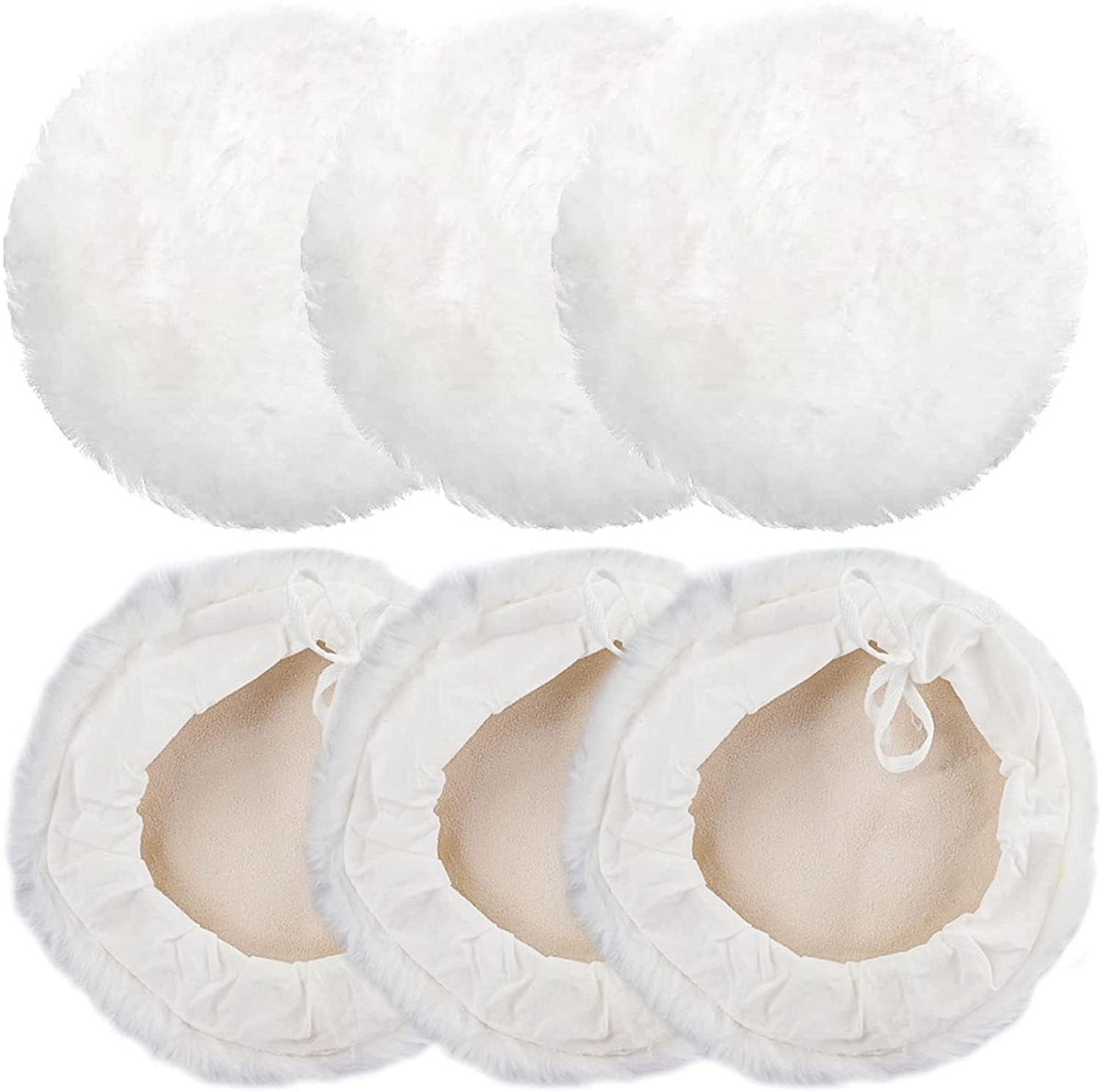 Linkstyle 6PCS 7 Inch Wool Buffing Pads Kit, Lambs Wool Polishing Bonnet Pads with Drawstring, Drill Buffer Polisher Attachment for Car Detailing, Furniture, Glass, Metal, DIY Polishing