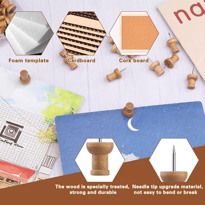 50 Pcs Wooden Push Pins, Decorative Thumb Tacks, Push Pins for Cork Board Head Pin Wood Map Tacks Marking Pin, Wood Thumb Tacks Decorative for Bulletin Boards Craft Projects with Storage Box, Coffee