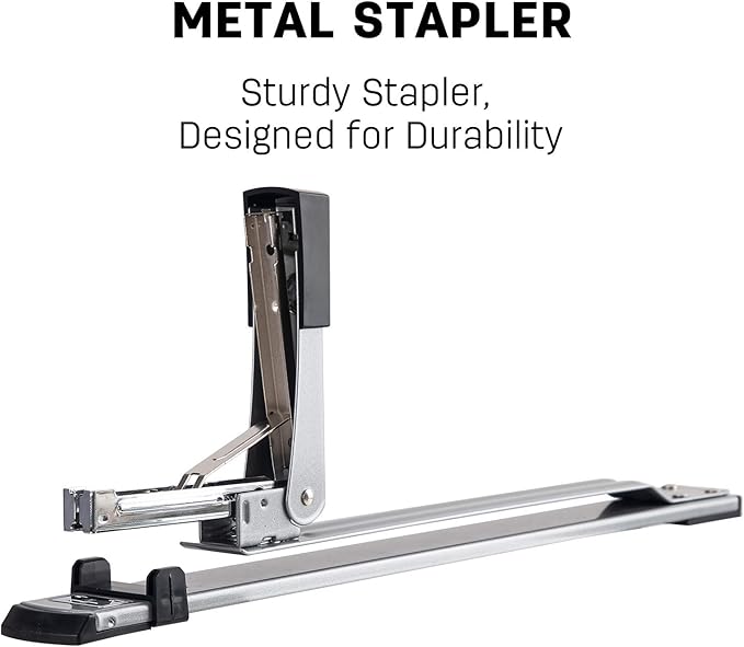 Deli Long Reach Stapler with 1000 Staples, 20 Sheet Capacity, Long Arm Standard Staplers for Booklet or Book Binding, Silver