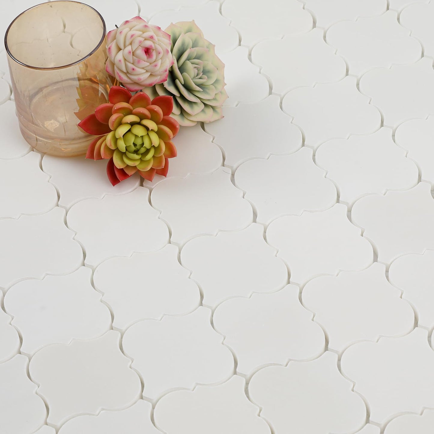 Adolif White Marble Mosaic Tile, 3 Inch Arabesque Lantern Marble Backsplash Tiles for Kitchen Bathroom Shower Wall Floor, Honed, 5 Sheet, Royal White
