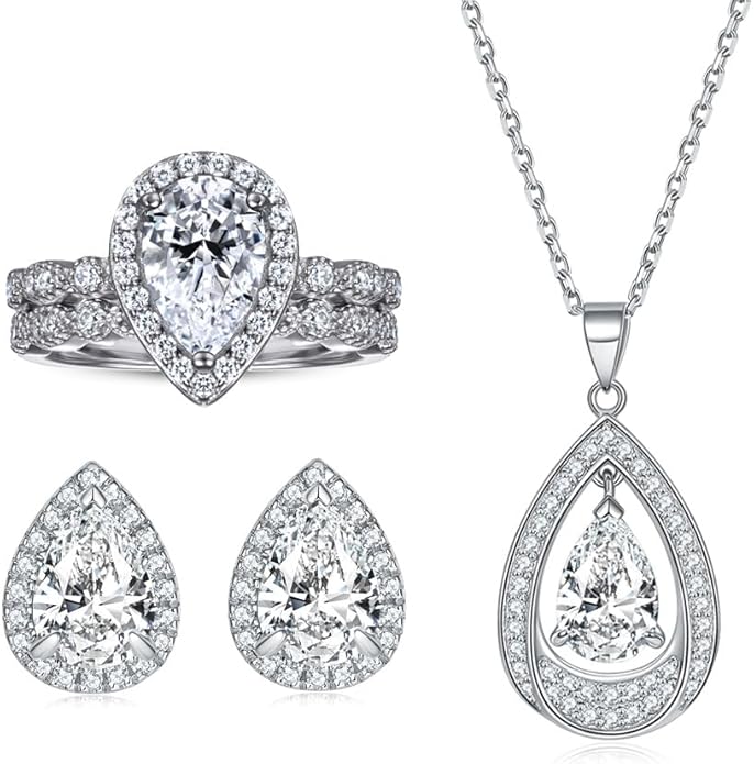 Gemlux 14K Gold Waterdrop Moissanite Ring Earrings Necklace Set, Women's Luxury Three-Piece Jewelry Set, Perfect for Fashion-Forward Occasions