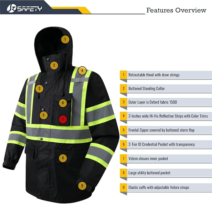 JKSafety Hi-Vis Reflective Safety Rain Jacket for Men Women Waterproof Rain Gears for Farming Fishing Work HV Rain Jacket with Inner Mesh Lining and Pockets (117A-Black L)