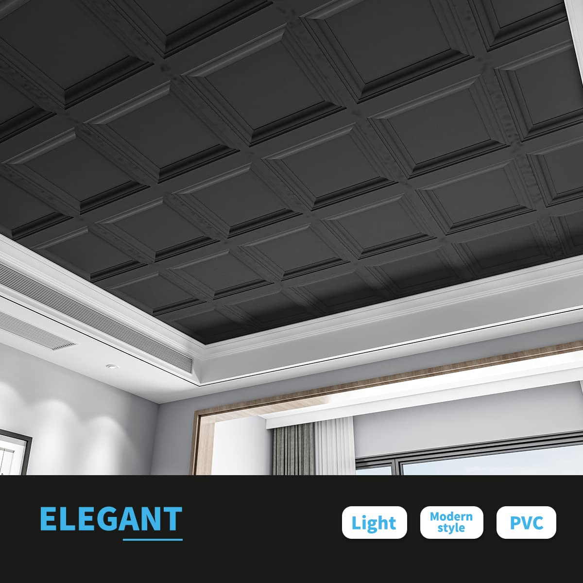 Art3d 12-Pack Square Black Drop Ceiling Tile 2ft x 2ft, PVC Ceiling Panel 24 x 24in.