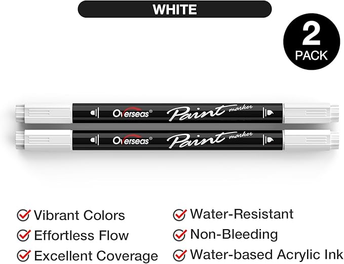 Overseas White Acrylic Paint Markers, 2 Pack Dual Tip Paint Pens Acrylic Markers with Dot and Brush Tip, Coloring Marker for Wood, Rock, Canvas, Glass, Metal, Ceramic, Plastic, Fabric, School Supplies