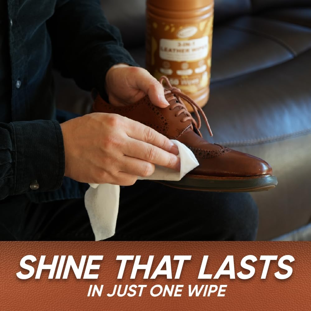 Air Jungles 3in1 Leather Wipes 50 Count, Extra Large 8" x 10" Size, Clean Condition Protect Wipes for Leather Furniture Auto Car Interior Shoes Boots Bags Apparel and Vinyl