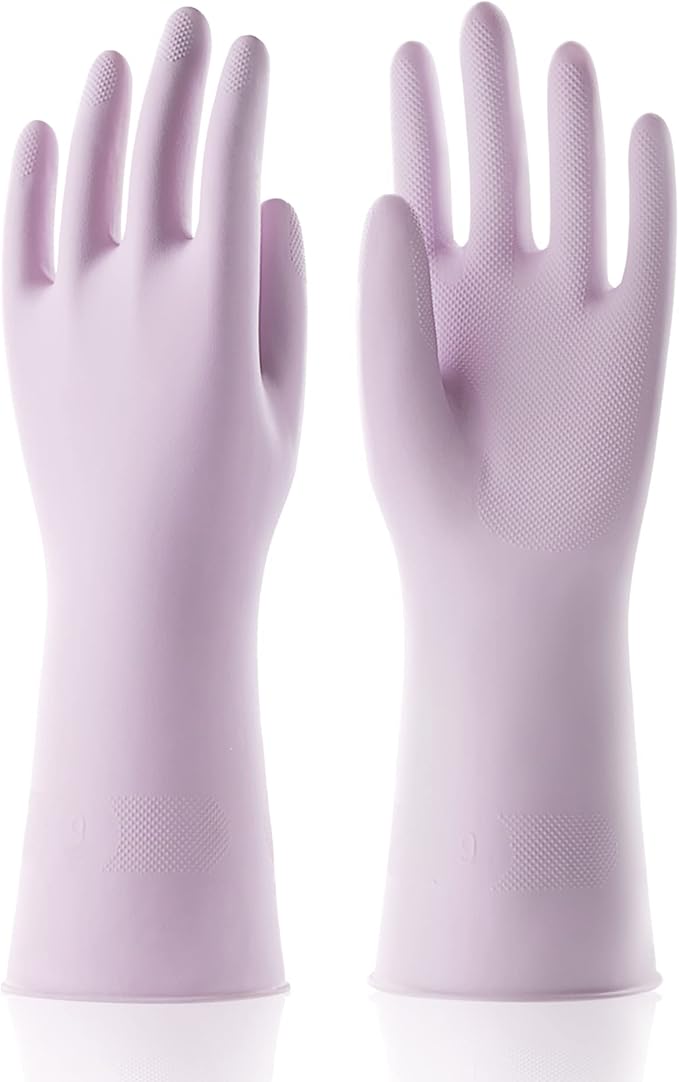 COOLJOB Large Household Rubber Gloves with Cotton Liner & Non-slip Grip, Waterproof Long Lasting Dishwashing Gloves for Kitchen & Bathroom Cleaning, Purple, 1 Pair