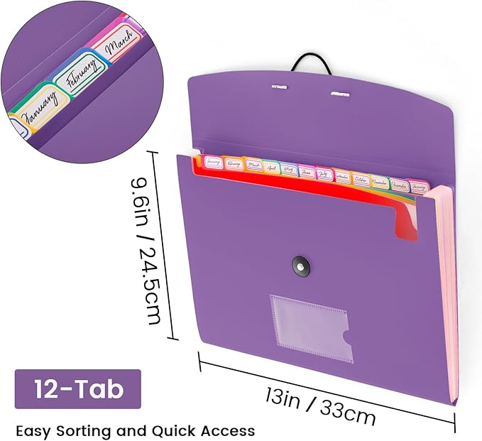 13 Pocket Accordion File Organizer with Elastic Closure, Expanding File Folder for Letter Size A4 Papers, Ideal for Home, Office Supplies, College Essentials - Purple