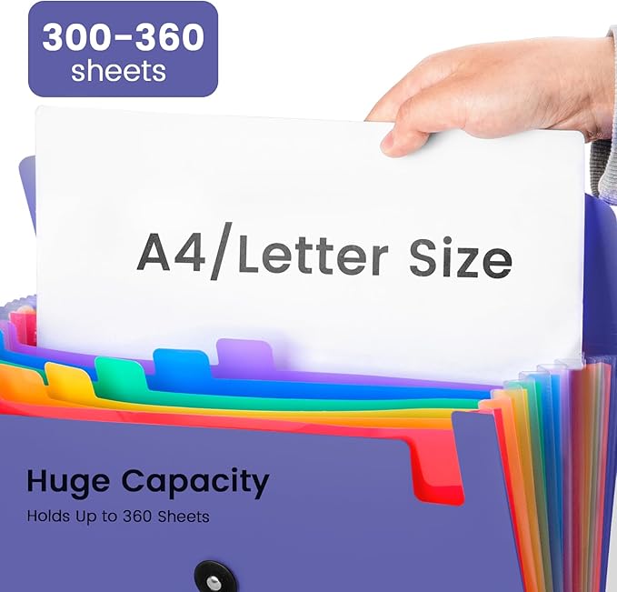 13 Pocket Accordion File Organizer with Elastic Closure, Expanding File Folder for Letter Size A4 Papers, Ideal for Home, Office Supplies, College Essentials - BluePurple
