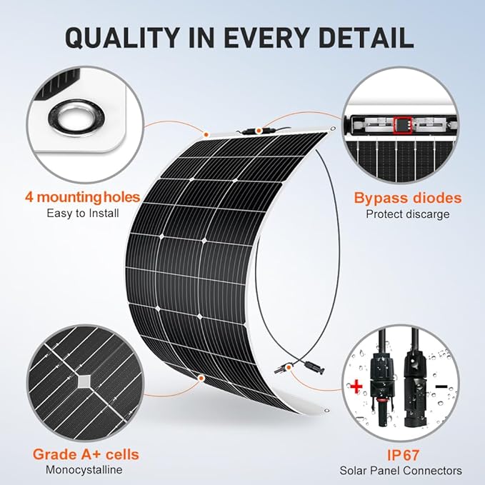 DOKIO 100W 18V Flexible Solar Panel Monocrystalline for 12V Battery Charging, Semi-Flexible ETFE Lightweight with MC4 for RV Marine Boat Camper Van Trailer Off-Grid Power