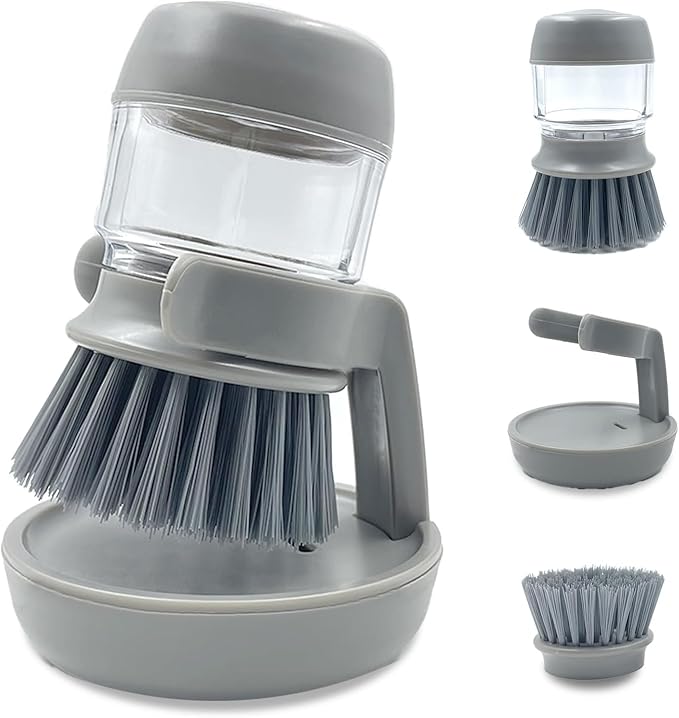 Soap Dispenser Palm Dish Brush with Storage Bracket – Drainage Base, Easy-to-Clean Kitchen Utensil Cleaner | Includes Extra Soft Bristle Brush Head (Gray)