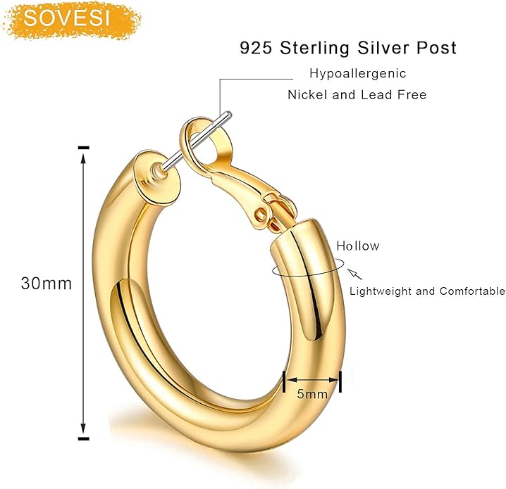 sovesi Chunky Gold Hoop Earrings for Women with 925 Sterling Silver Post, 14K Gold Plated Small Thick Gold Hoops Earrings for Women