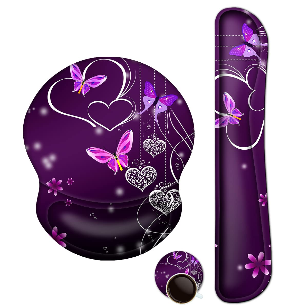 ArtSo Upgraded Wrist Rest Support for Mouse Pad & Keyboard, Ergonomic Gel Mousepad Non-Slip Rubber Base Home,Office Pain Relief, Easy Typing Cushion Neoprene, Soft Memory Foam, Purple Heart Butterfly