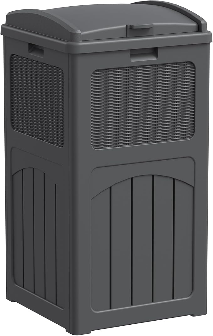 Greesum 33 Gallon Outdoor Trash Can with Lid, Waterproof Resin Garbage Bin for Hideaway, Deck, Patio, Gray
