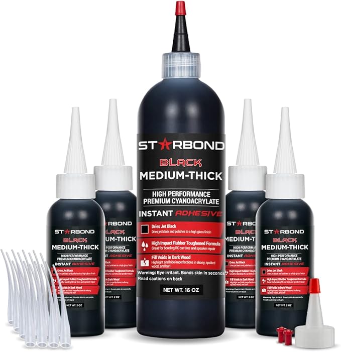 Premium Grade Cyanoacrylate (CA) Super Glue by STARBOND - 16 OZ Complete Refill KIT (453-gram) - Black Medium-Thick Knot Filler 500 CPS Viscosity Adhesive for Woodworking, Woodturning, Carpentry