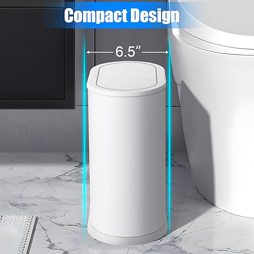 Anzoymx Stainless Steel Bathroom Trash Cans 1.8 Gallons Small Garbage Can with Pop up Lid, Dog Proof Narrow Wastebasket, Slim Waterproof Litter Trash Bins Set for Bedroom, Toilet, Office (White)