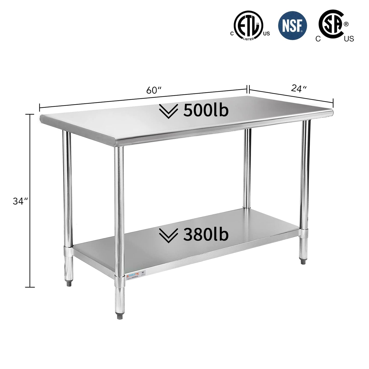 STABLEINK NSF Stainless Steel Prep Table 60x24 Inches 5ft, Metal Work Table with Adjustable Undershelf, for Commercial Kitchen, Restaurant, Hotel, Laundry and Garage