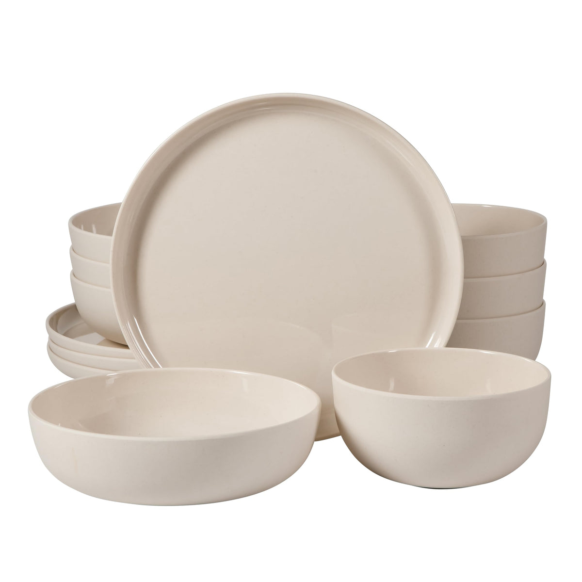 Gibson Home Candy Skies 12 Piece Unbreakable Wheat Straw Melamine Plates and Bowls Dinnerware Set - Outdoor, Camping, & Everyday Use - Matte Exterior/Shiny Interior Taupe Cream