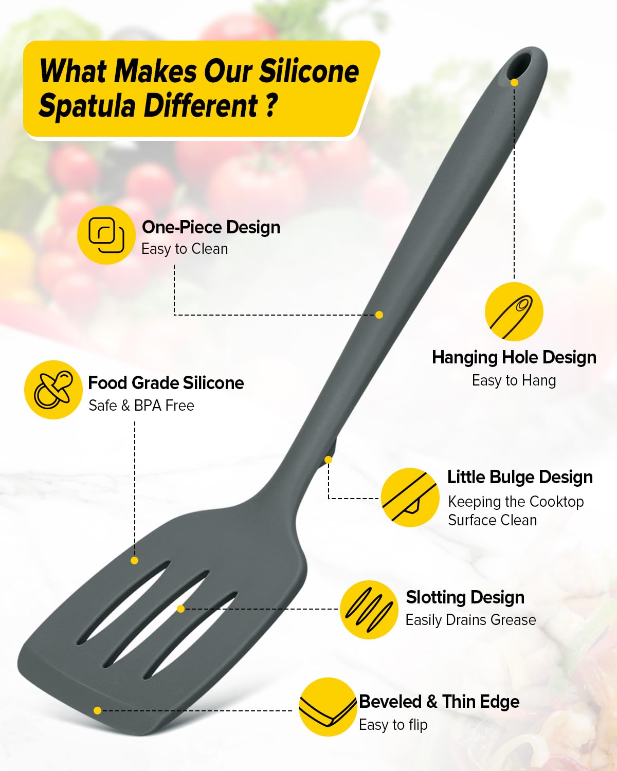 Pack of 2 Silicone Spatula Turners, Non Stick Slotted Kitchen Spatula Set, Heat Resistant BPA Free Kitchen Utensils, One-Piece Design, Suitable for Flipping Fish, Eggs, Steak, Pancakes(GRAY)