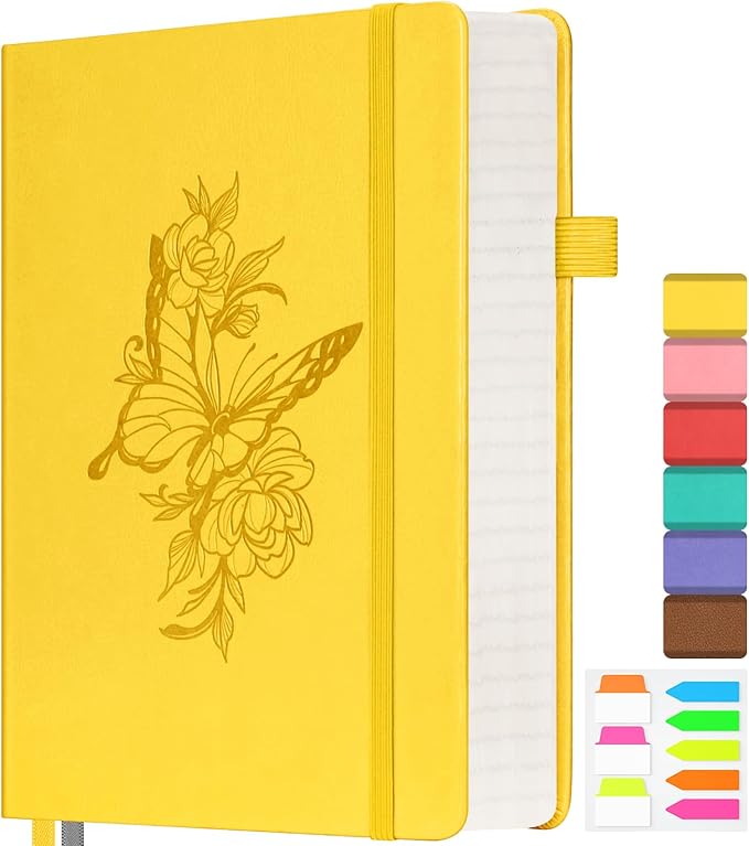 Lined Notebook Journal for Women, 312 Numbered Pages A5 Thick Leather Journal, 100gsm Paper Daily Journal for Work Travel, Hardcover College Ruled Notebook, Giftable Butterfly Floral Notebook, Yellow