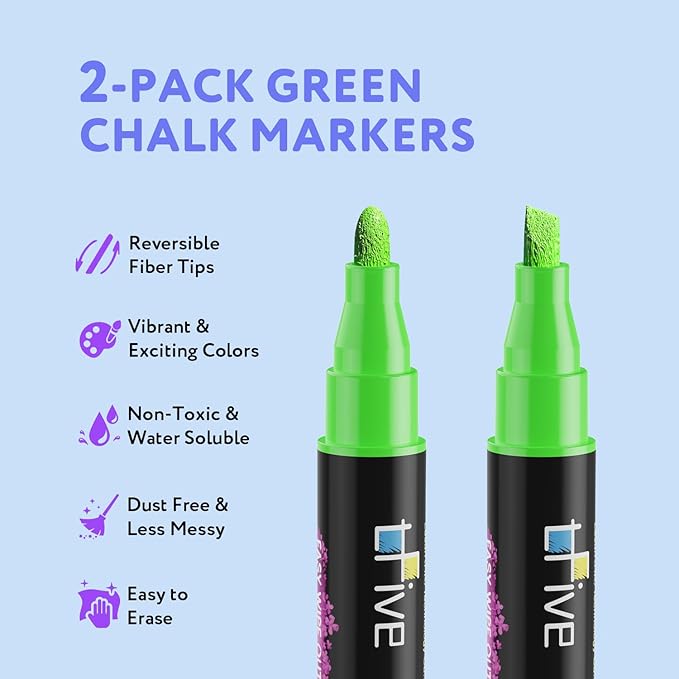 TFIVE Green Liquid Chalk Markers - 2 Pack Bright Colors Erasable Chalk Marker Pens, Reversible Tip, Non-Toxic, for Chalkboards, Signs, Glass, Easy to use Chalk markers TF800