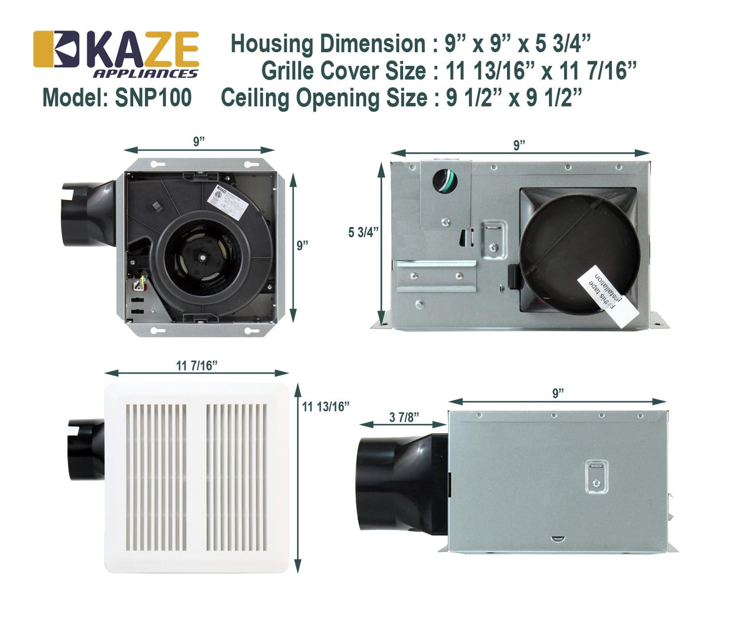 KAZE APPLIANCE SNP100 | 100 CFM | 0.8 Sone | Energy Star Certified | No Attic Access Required | Bathroom Ventilation Exhaust Extractor Fan