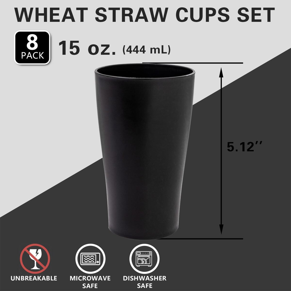 EI Black Wheat Straw Cups Set of 8,Drinking Glasses,Reusable Plastic Cups,Unbreakable Cups for Kitchen,Dishwasher Safe Water Glasses Tumblers,Suitable for Dinner on Picnic Outdoor Activities Dormitory