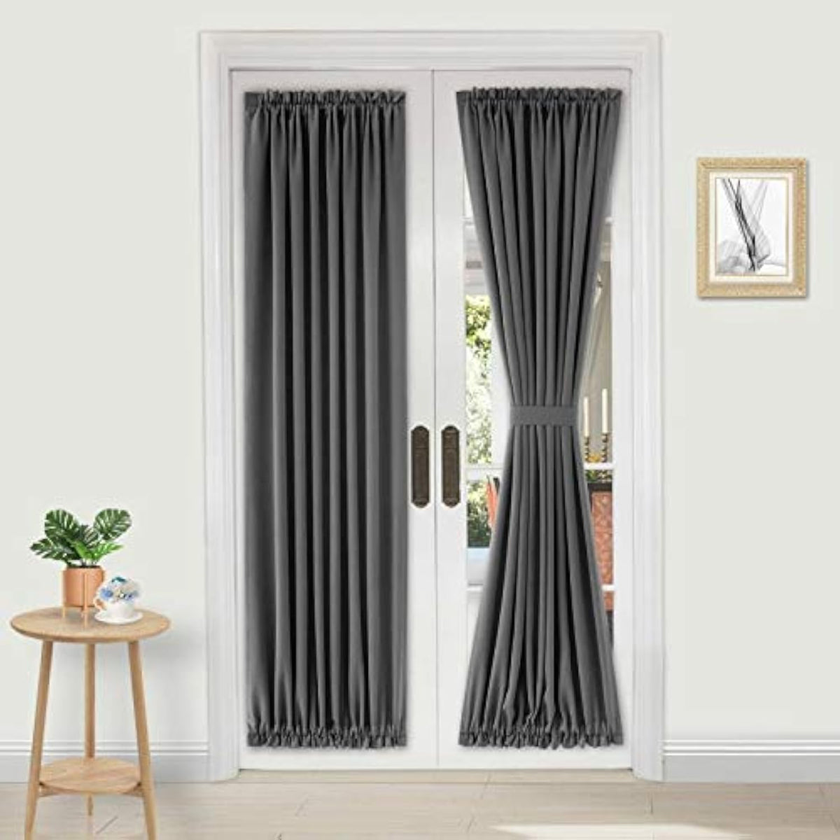 DWCN French Door Curtains â Rod Pocket Thermal Blackout Curtain for Doors with Glass Window, Kitchen and Patio Doors for Privacy, 25 X 72 Inches Long, 1 Curtain Panel with Tieback, Dark Grey